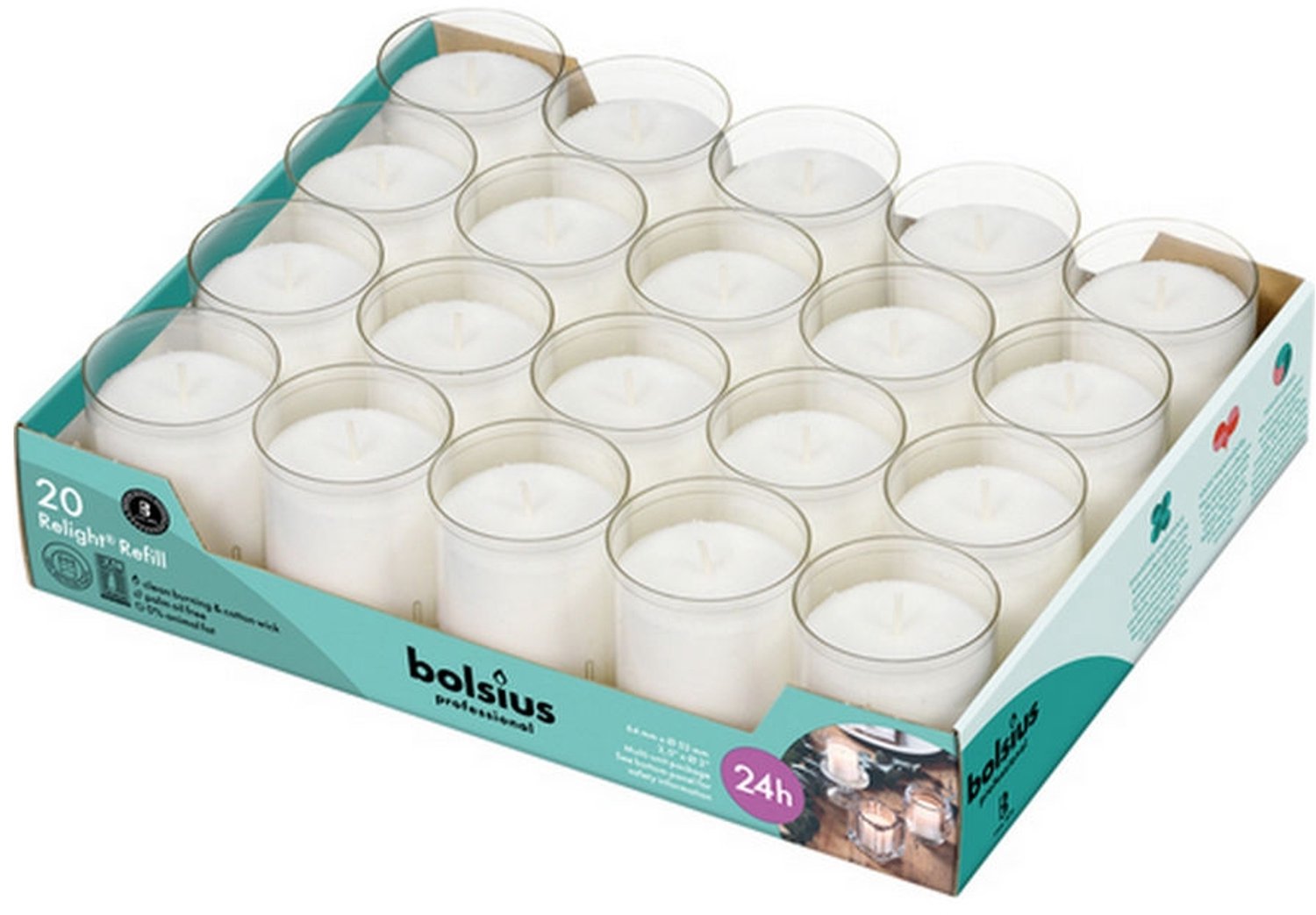 80 stuks Bolsius ReLight kaars in transparante houder 64/50 (24 uur)