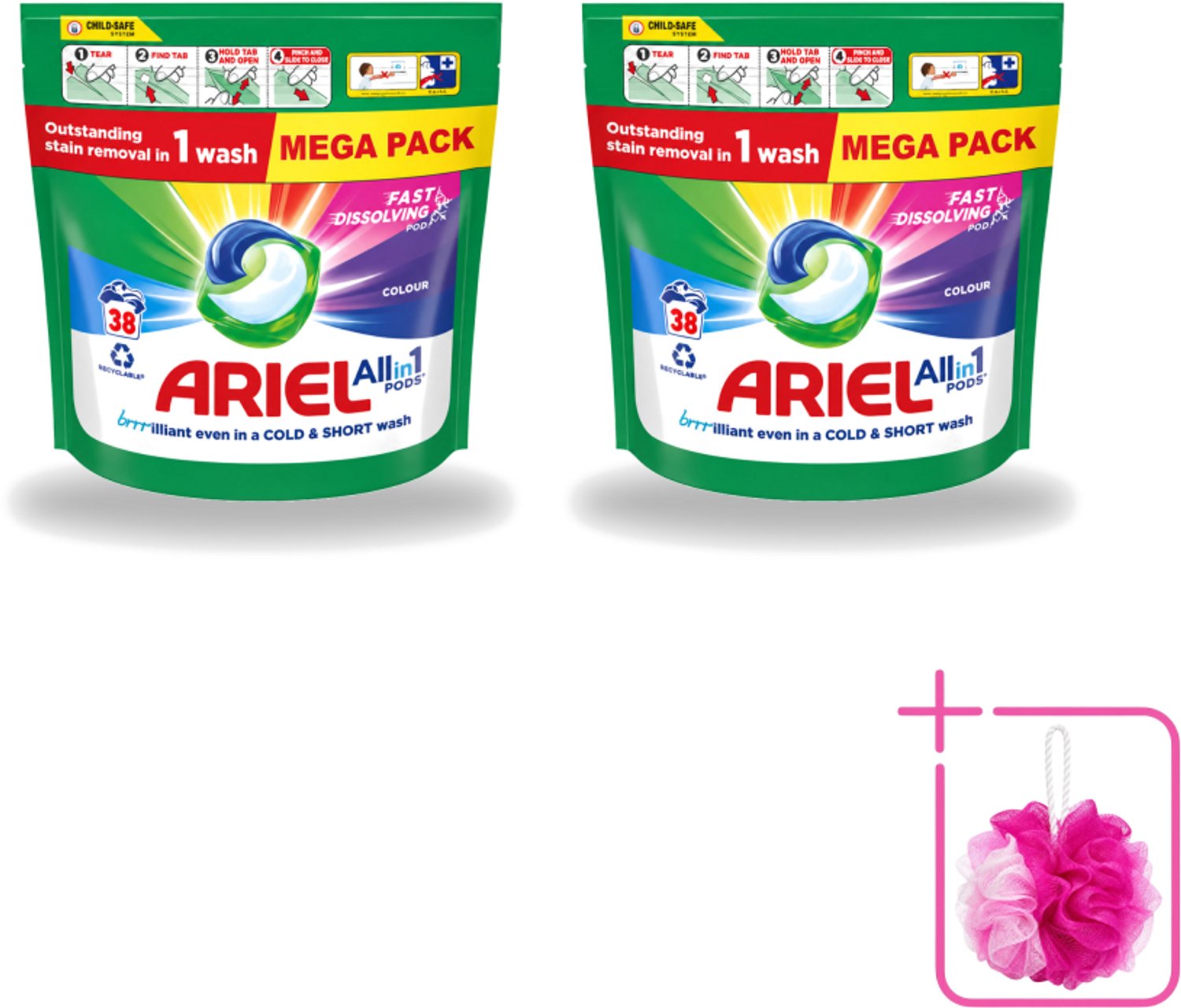 2 x Ariel – Pods All-in-1 – Color – 38 wasbeurten - Bulkverpakking - Kleurbehoud wasmiddel - Douchemop - Gekleurde was
