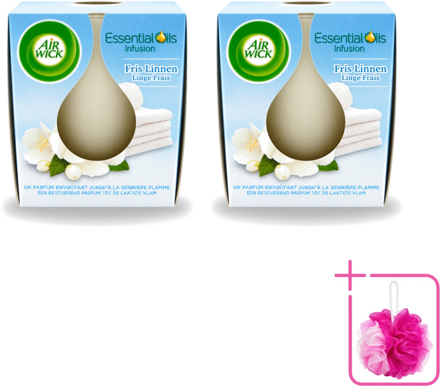 Air Wick 2 x Air Wick – Geurkaars – Fris Linnen met Essentiële Oliën – 105 g - Bulkverpakking - Geurkaars - Douchemop - Fris linnen Wit