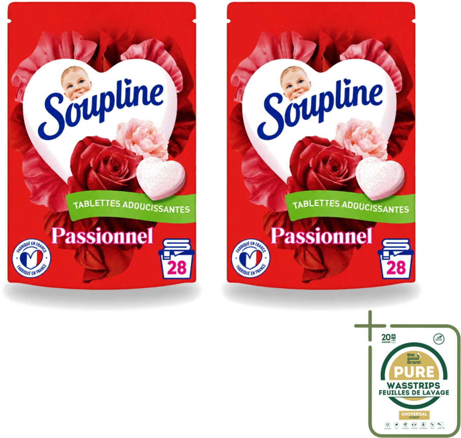 2 x Soupline – Wasverzachtertabletten – Harten Straling van Passiebloemboeket - 28 tabletten - Wasstrips - Wasverzachter Tablet - Wasverzachter In Tabletvorm - Rozengeur Wasverzachter - Verzachte Wasverzachter - Wasverzachter Voor Kleding