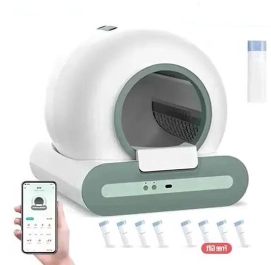 Automatische witte en groene kattenbak met app-besturing en meerdere bijgeleverde navulverpakkingen.