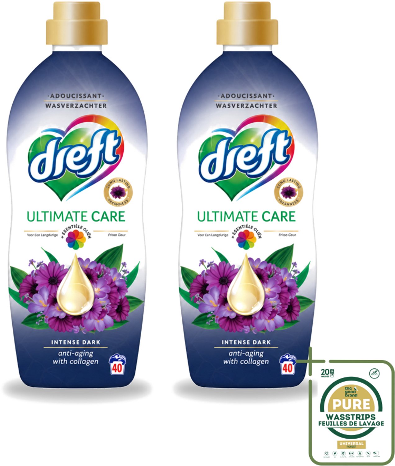2 x Dreft – Wasverzachter – Ultimate Care Intense Dark – 40 Wasbeurten - Wasstrips - Wasverzachter - Kleurbescherming - Collageen - Wasgoed Verzorgen - Anti-aging Was