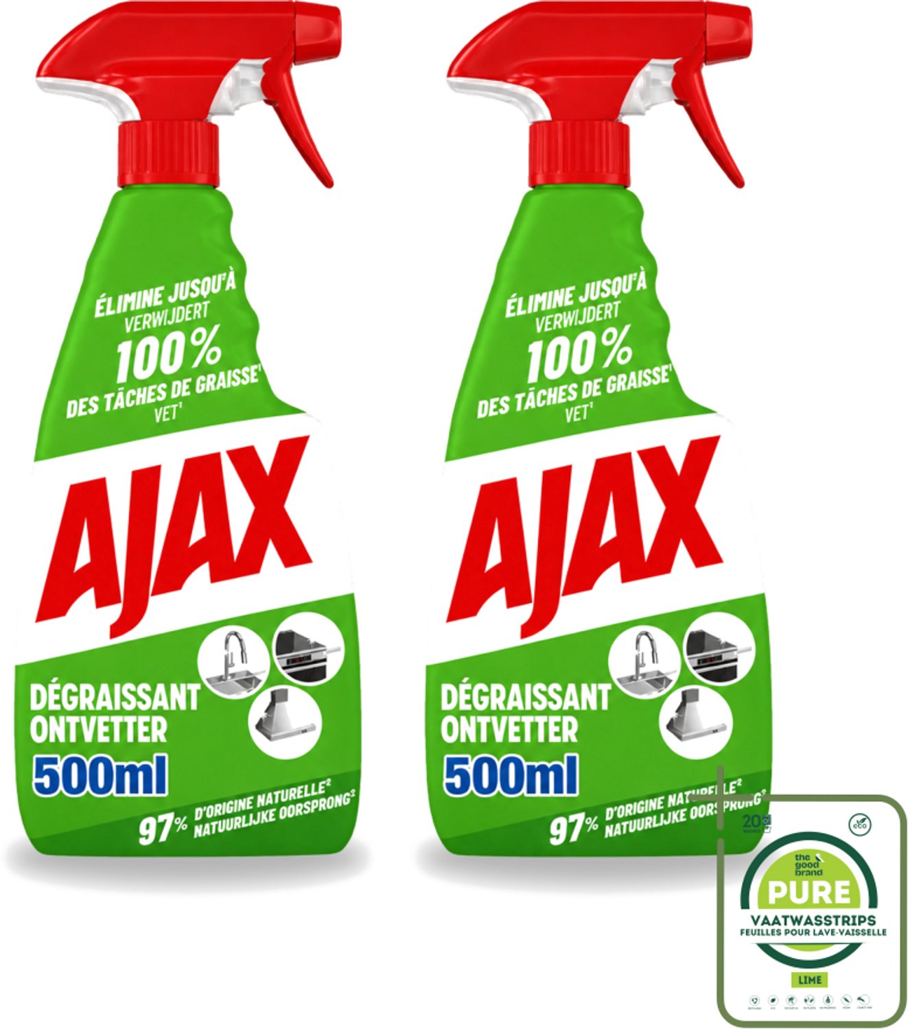 2 x Ajax – Ontvetter Spray – 500 ml - Grootverpakking - Vaatwasstrips - Ajax Ontvetter - Ontvetter Spray 500 Ml - Vet Verwijderen - Keukenreiniger - Krachtige Ontvetter