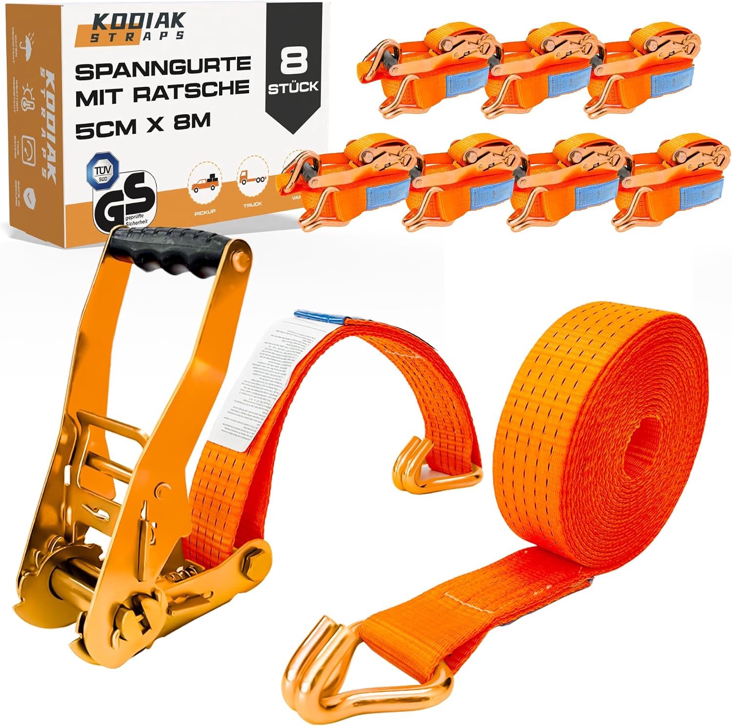 8x Spanbanden 8m 5000kg Ratel & Haak - 50mm Oranje Laadzekering