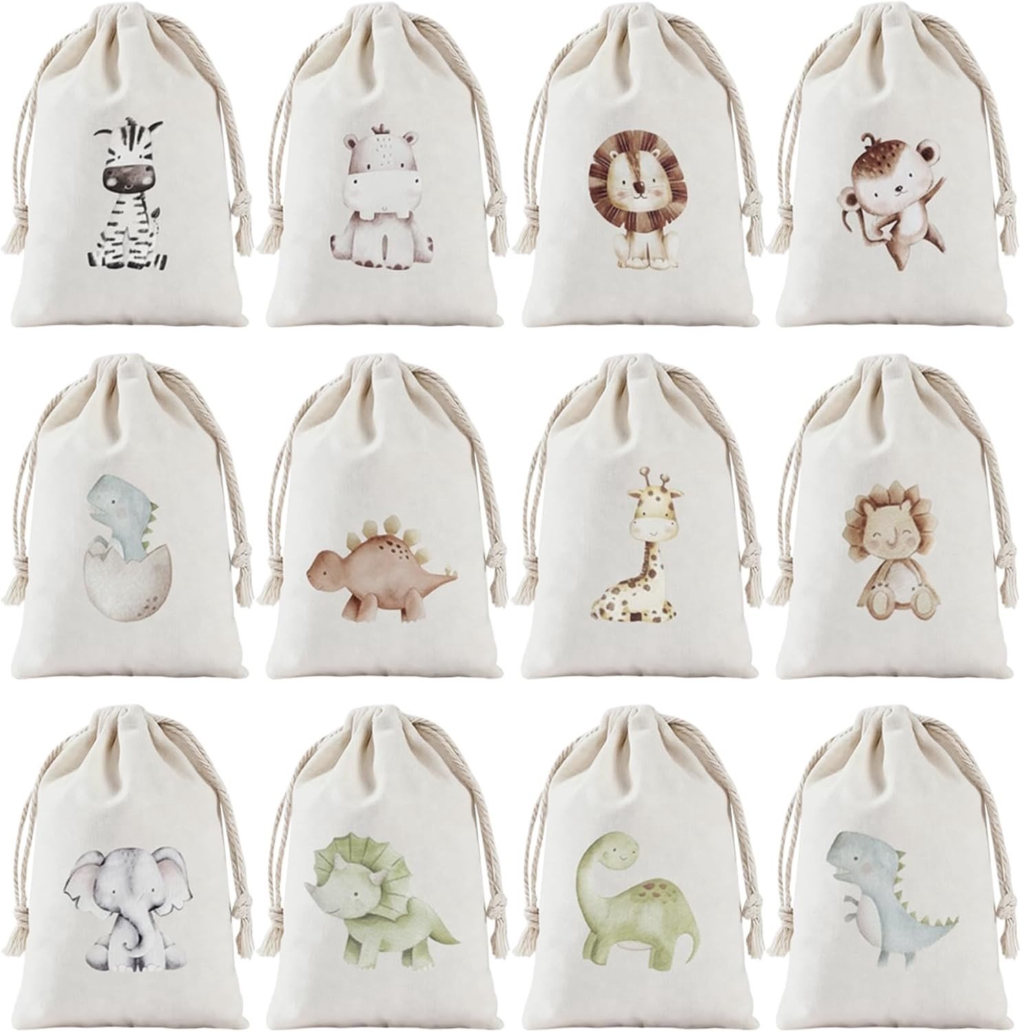 Set van 12 Kleine Trekkoordtassen met Jungle Dieren en Dinosaurussen, 10 x 15 cm, Ideaal voor Feestjes, Cadeautassen en Sieraden