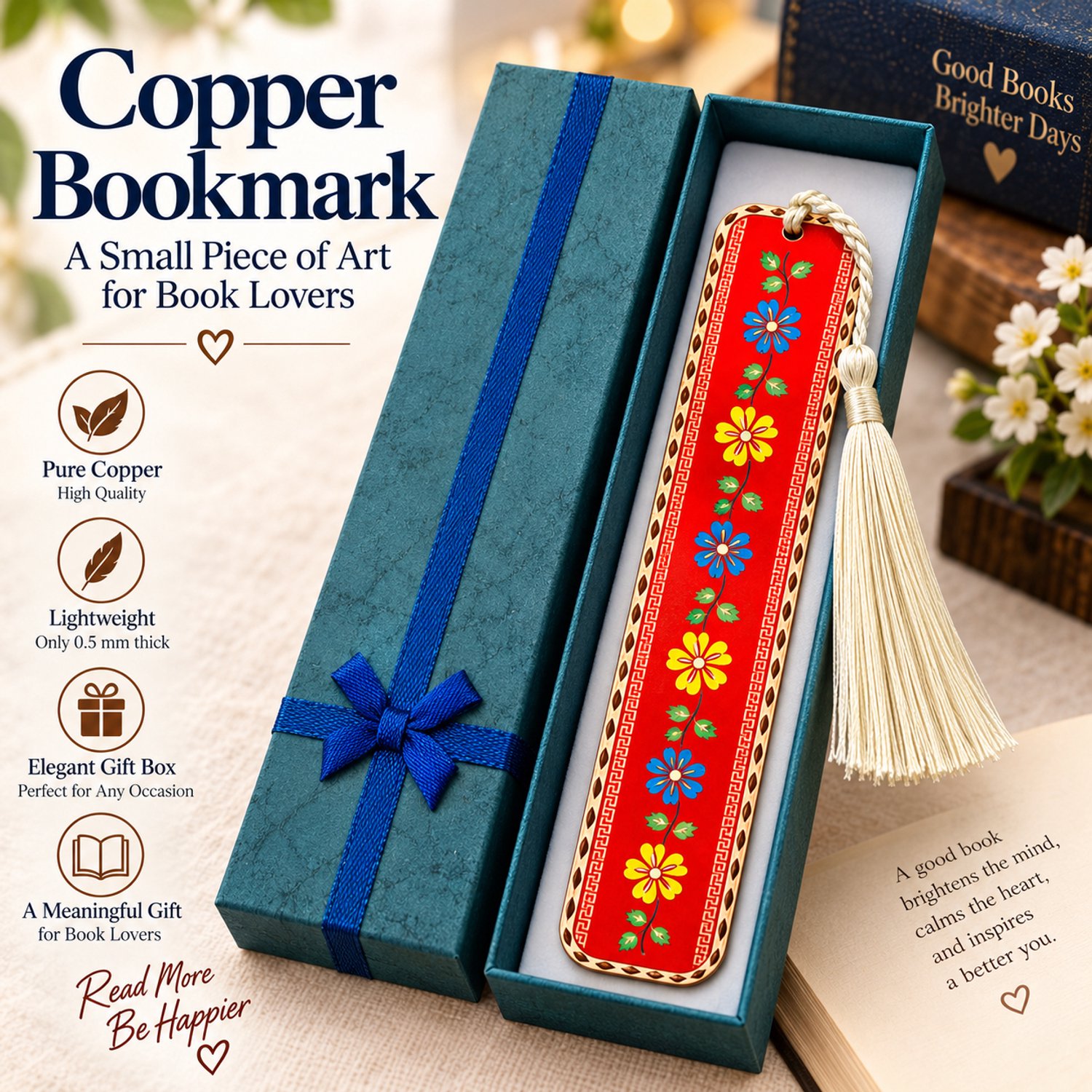 Handgemaakte koperen bladwijzer 15 x 3 cm, 0,5 mm puur koper met bloemmotief, kwastje, elegante geschenkdoos, vintage leesbladwijzer voor boekenliefhebbers, dames & heren