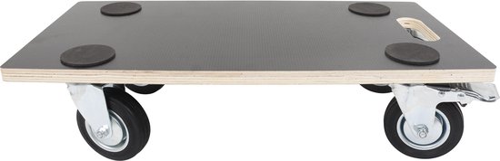 Zwarte houten meubelroller met vier antislip pads, zwenkwielen en handvat.