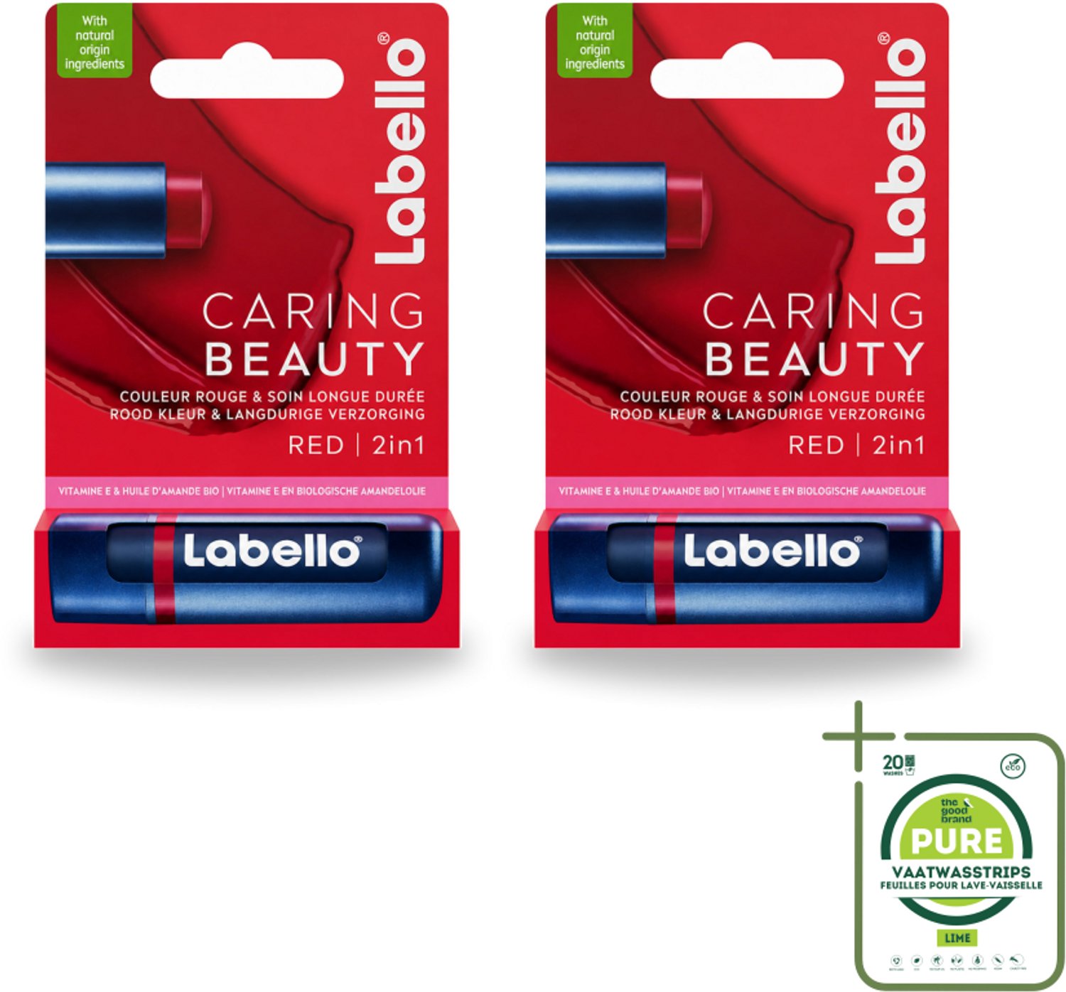 2 x Labello –Lippenbalsem – Caring Beauty Red – 5,5 ml - Grootverpakking - Vaatwasstrips - Lippenbalsem - Verzorging - Rode Tint - Hydraatatie - Natuurlijke Oliën