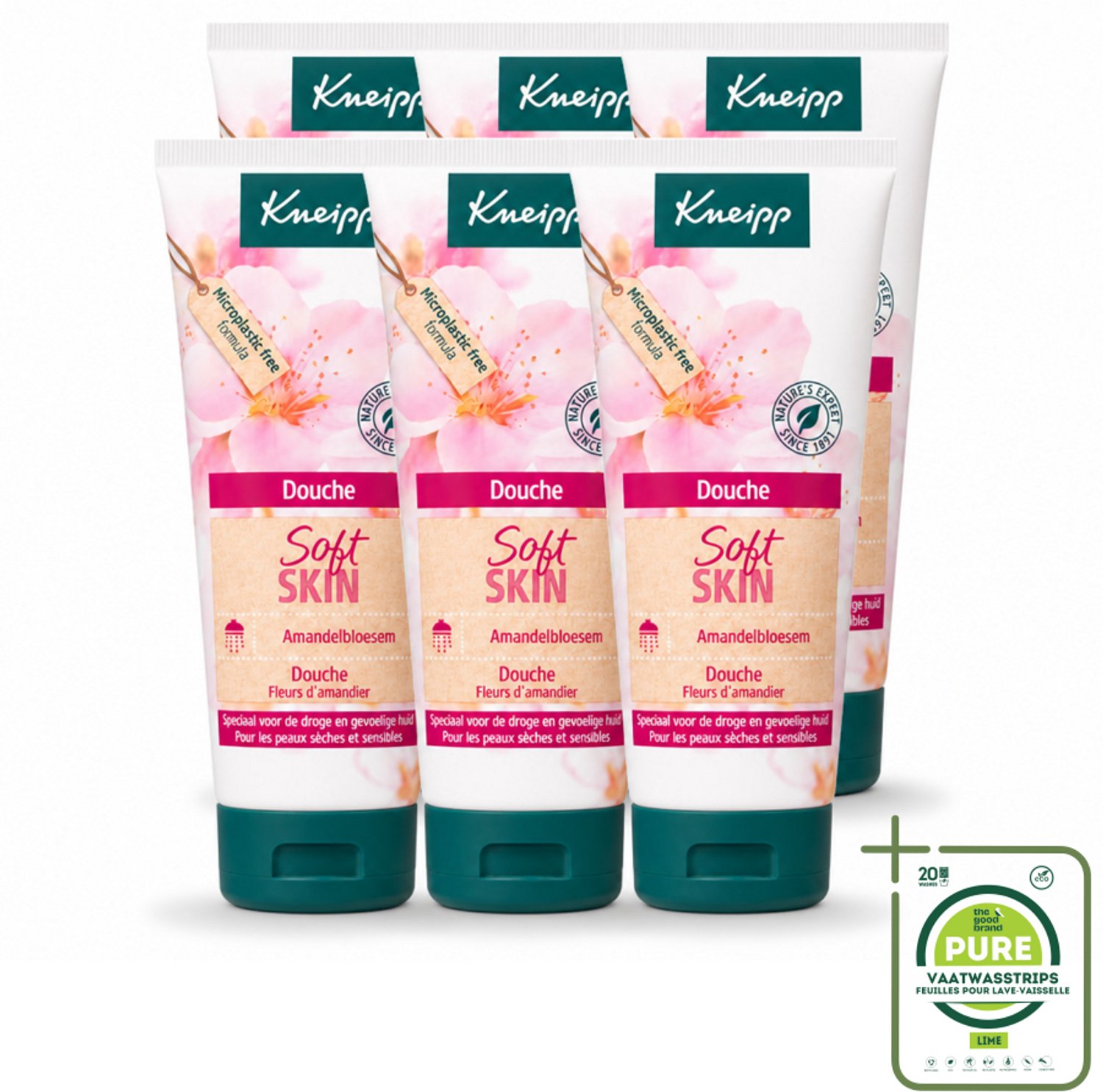 6 x Kneipp – Amandel – Douche – 75 ml - Grootverpakking - Vaatwasstrips - Douchegel - Amandelolie - Sheabutter - Droge Huid - Gevoelige Huid