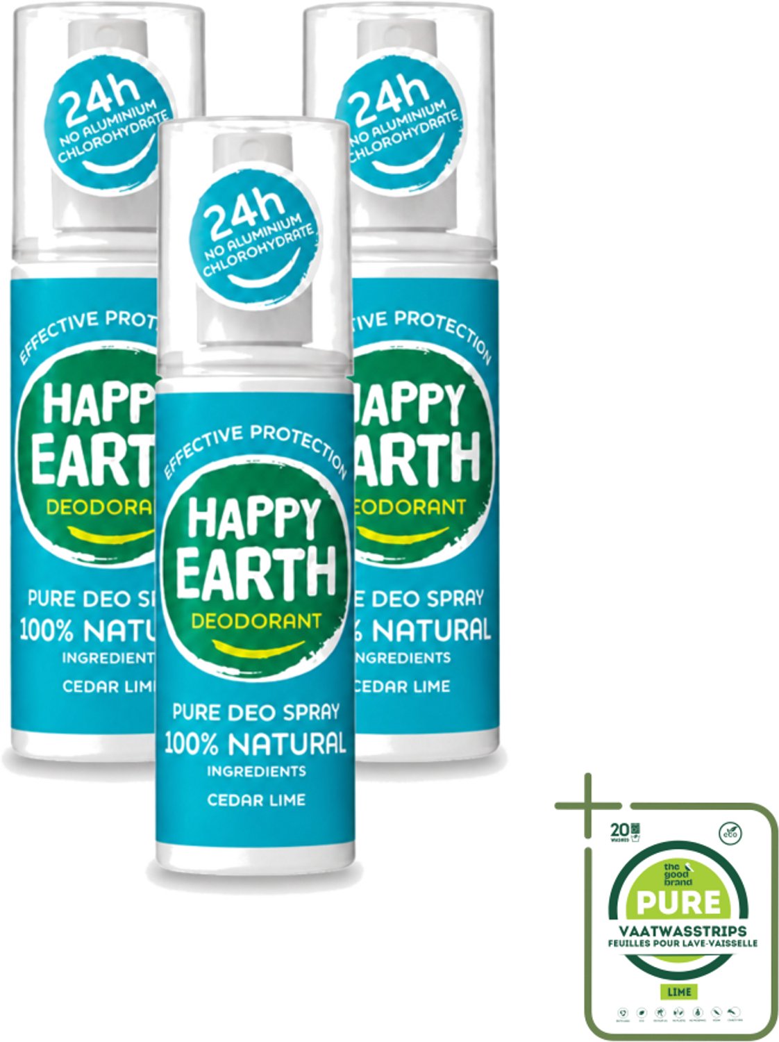 3 x Happy Earth – Deodorant Spray – 100% Natuurlijk Cedar Lime – 100 ml - Grootverpakking - Deodorant Spray - Fris Geur - Cederhout En Limoen - Natuurlijke Deodorant - Huidvriendelijk