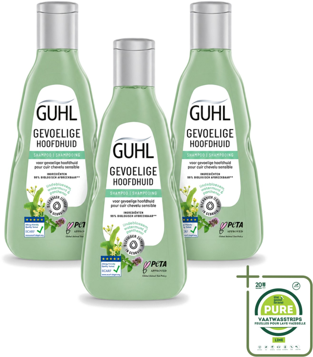 3 x Guhl - Shampoo - Gevoelige Hoofdhuid - 250 ml - Grootverpakking - Vaatwasstrips - Gevoelige Hoofdhuid - Kalmerende Shampoo - Droge Hoofdhuid - Hoofdhuid Verzorging - Haar Verzorging