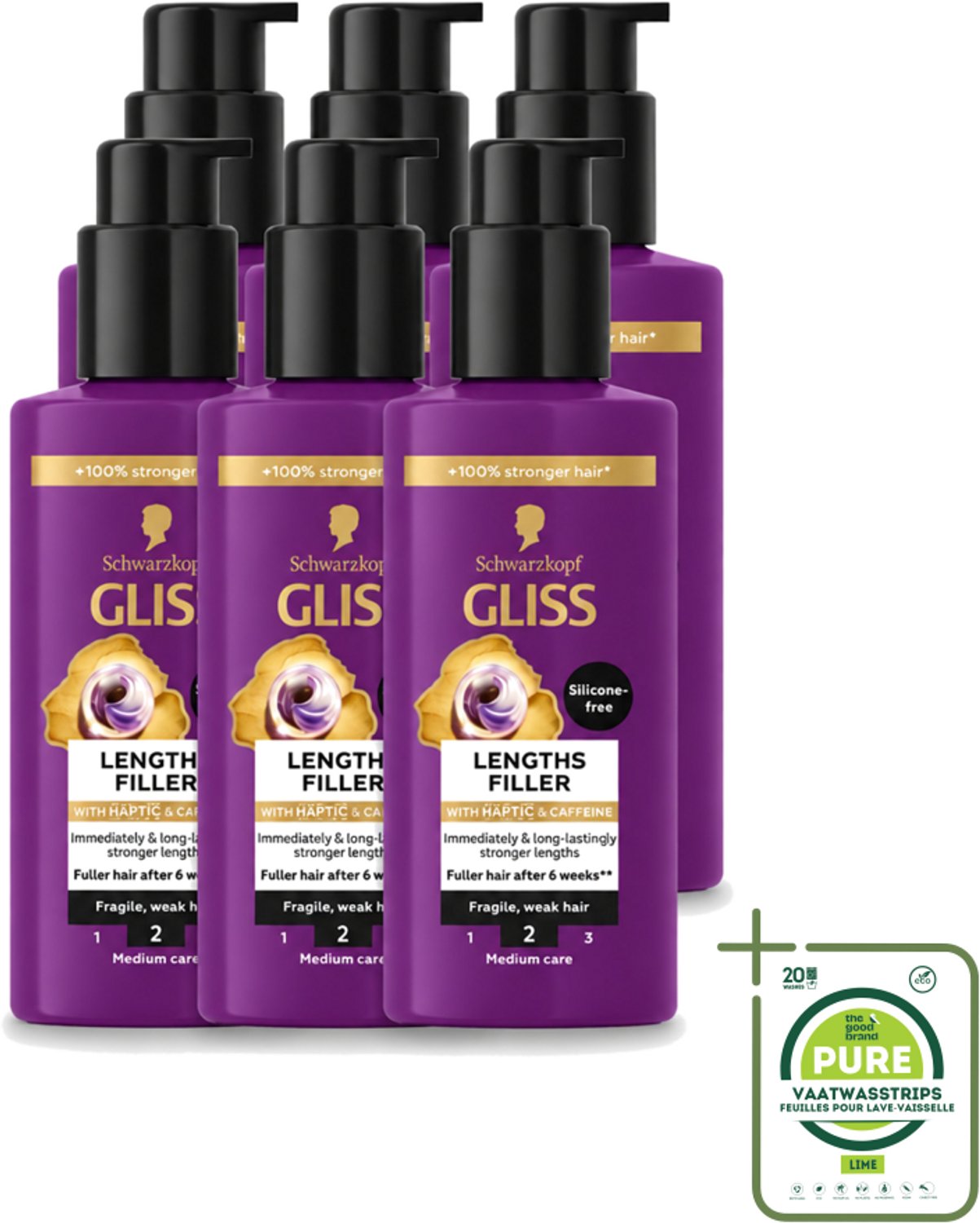 6 x Gliss - Haarserum - Lengths Filler - Siliconenvrij met Cafeïne - Voor Sterker Haar - 100 ml - Grootverpakking - Vaatwasstrips - Haarserum - Cafeïne - Haarversterking - Haarbreuk - Haarstructuur