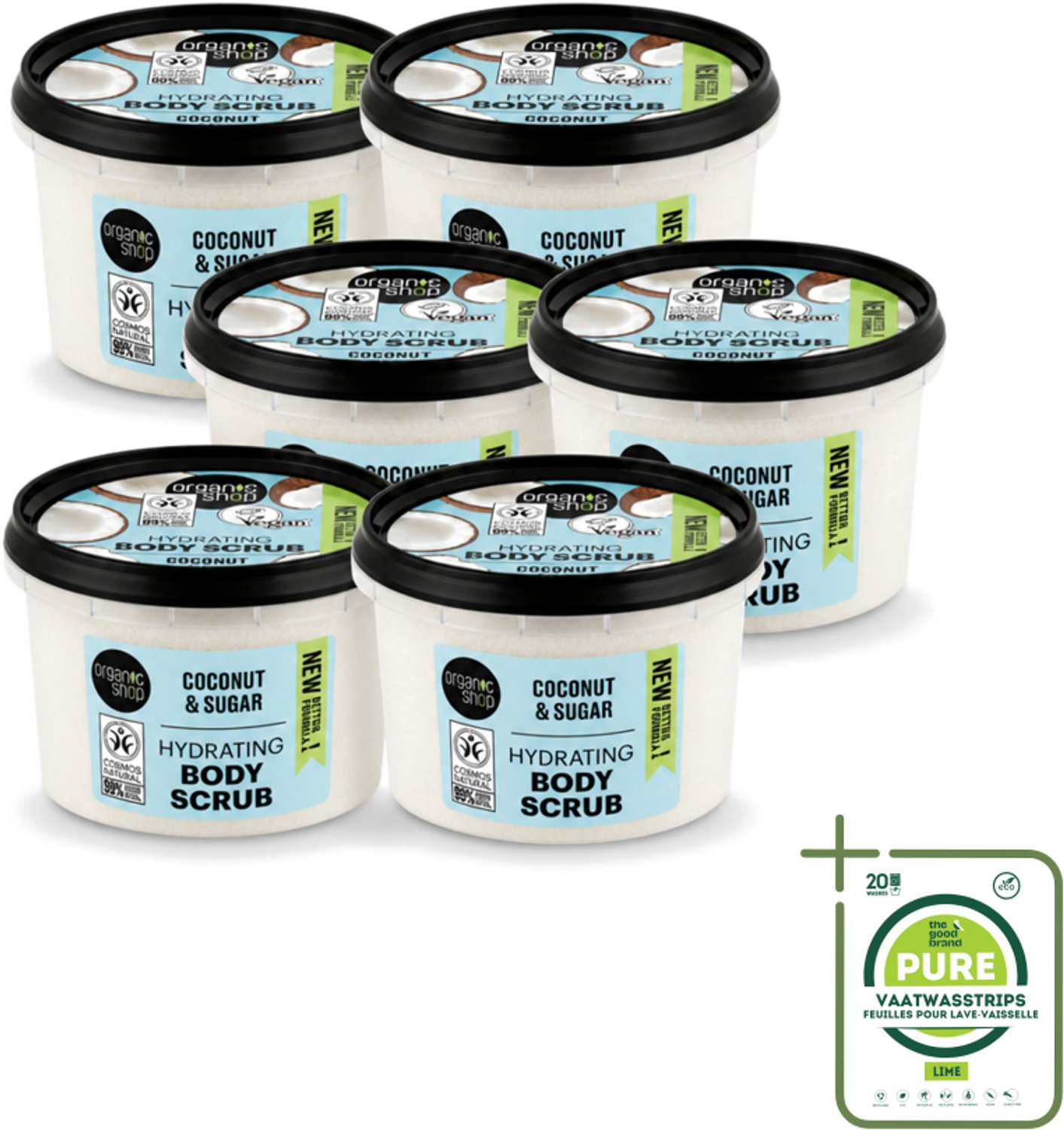 6 x Organic Shop - Hydrating Body Scrub Coconut - Diep Voedend - 250 ml - Grootverpakking - Vaatwasstrips - Hydratatie - Exfoliatie - Suikerscrub - Kokosolie - Natuurlijke Huidverzorging