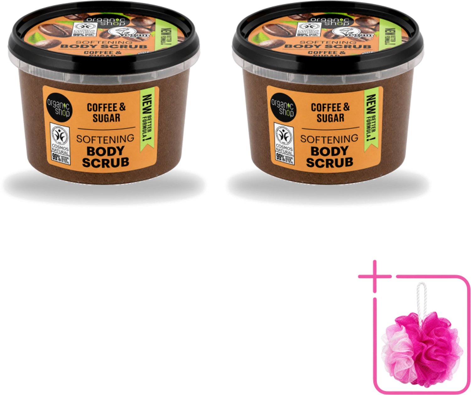 2 x Organic Shop - Organic Coffee & Sugar Body Scrub - Hydraterend en Peeling - 250 ml - Bulkverpakking - Bodyscrub - Douchemop - Natuurlijke peeling
