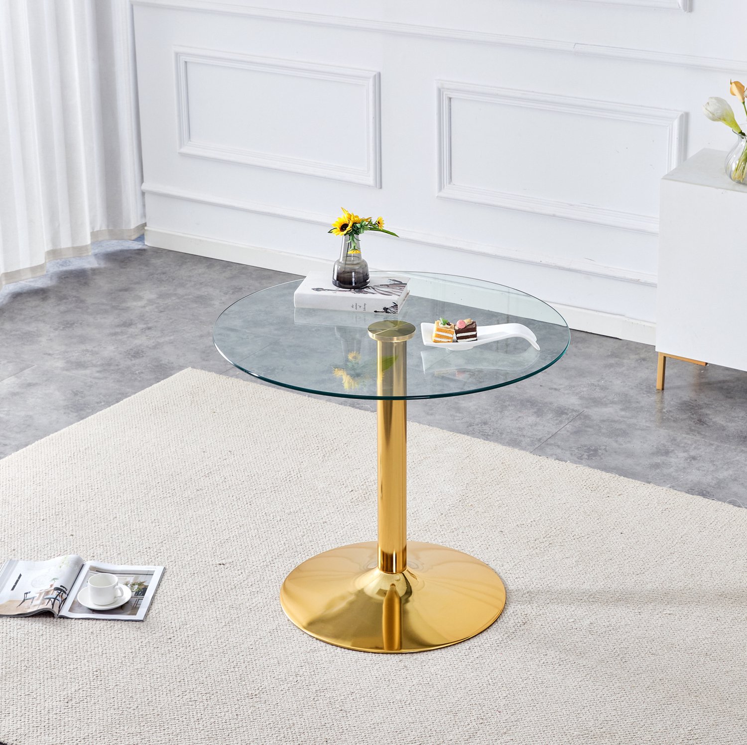 CHICFURN Eettafel - glazen tafelblad - ronde tafelvoet - goud en transparant