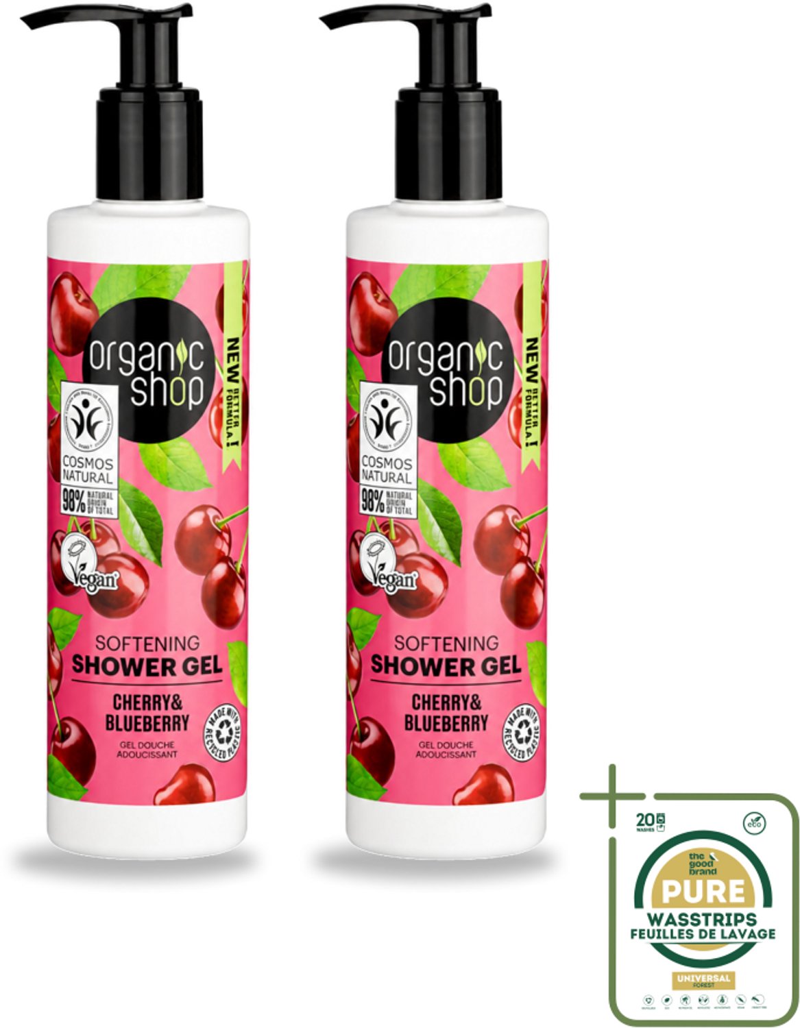 2 x Organic Shop - Douchegel Cherry & Blueberry - Verfrissend en Hydraterend - 280 ml - Wasstrips - Douchegel - Natuurlijke Douchegel - Hydraterende Douchegel - Biologische Douchegel - Kersenextract
