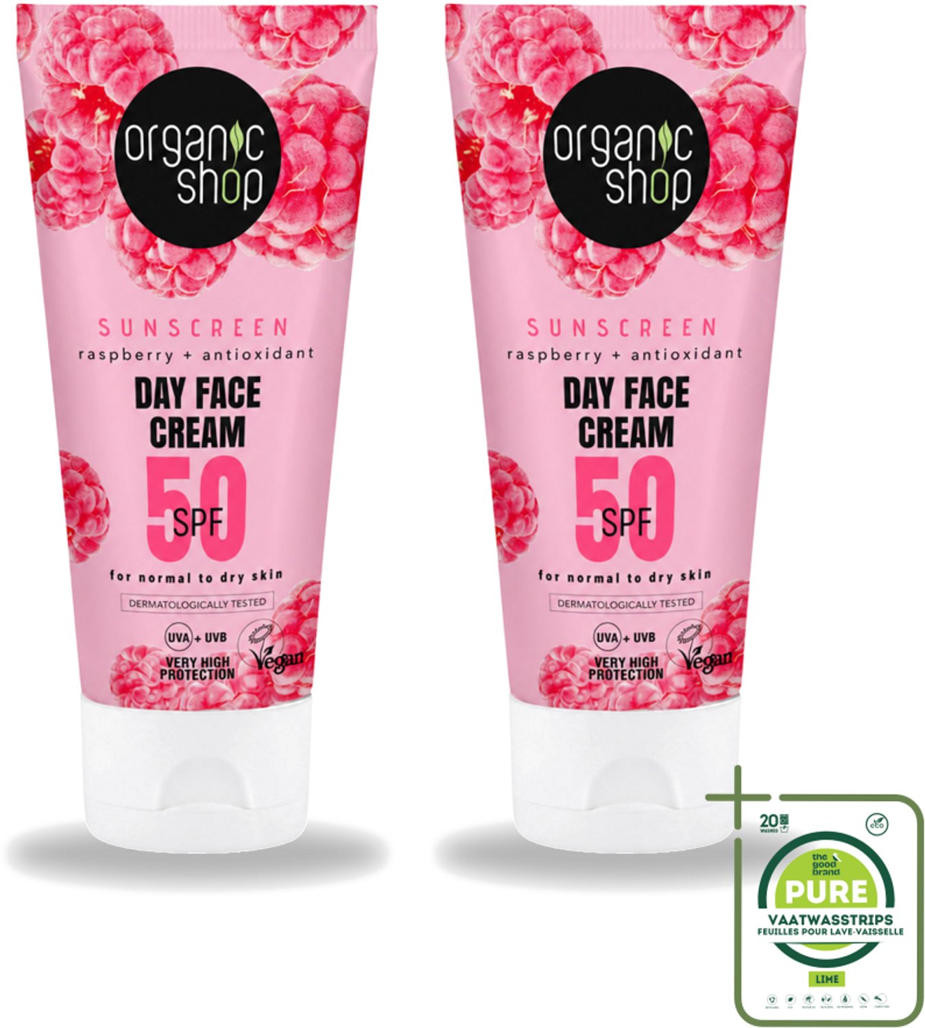 2 x Organic Shop - Zonnebrandcrème Gezicht SPF 50 - Normale Huid - 50 ml - Grootverpakking - Vaatwasstrips - Zonbescherming Gezicht - SPF 50 - Gezichtscreme - Huidbescherming - Droge Huid