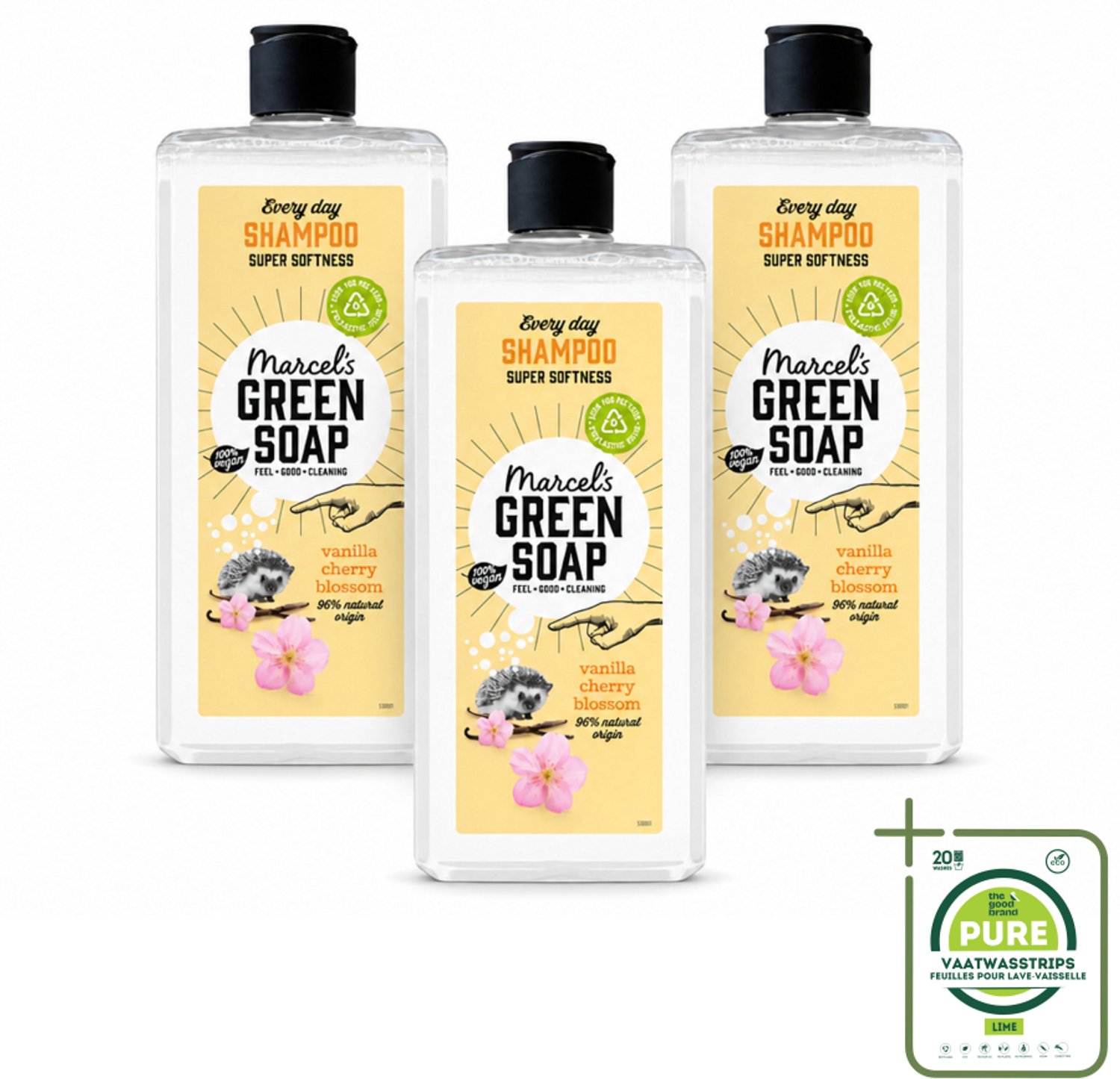 3 x Marcel's Green Soap - Every Day Shampoo - Vanilla & Cherry Blossom - Versterkt & verzorgt - 300 ml - Grootverpakking - Vaatwasstrips - Dagelijks Shampoo - Natuurlijke Shampoo - Haar Verzorgen - Haar Reinigen - Vanille En Kersenbloesem