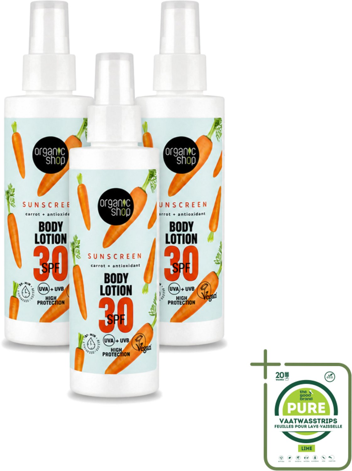 3 x Organic Shop - Zonnebrandcrème SPF 30 - Bescherming tegen de Zon - 150 ml - Grootverpakking - Vaatwasstrips - Zonbescherming - Zonnebrandcrème - SPF 30 - Natuurlijke Zonbescherming - Antioxidanten