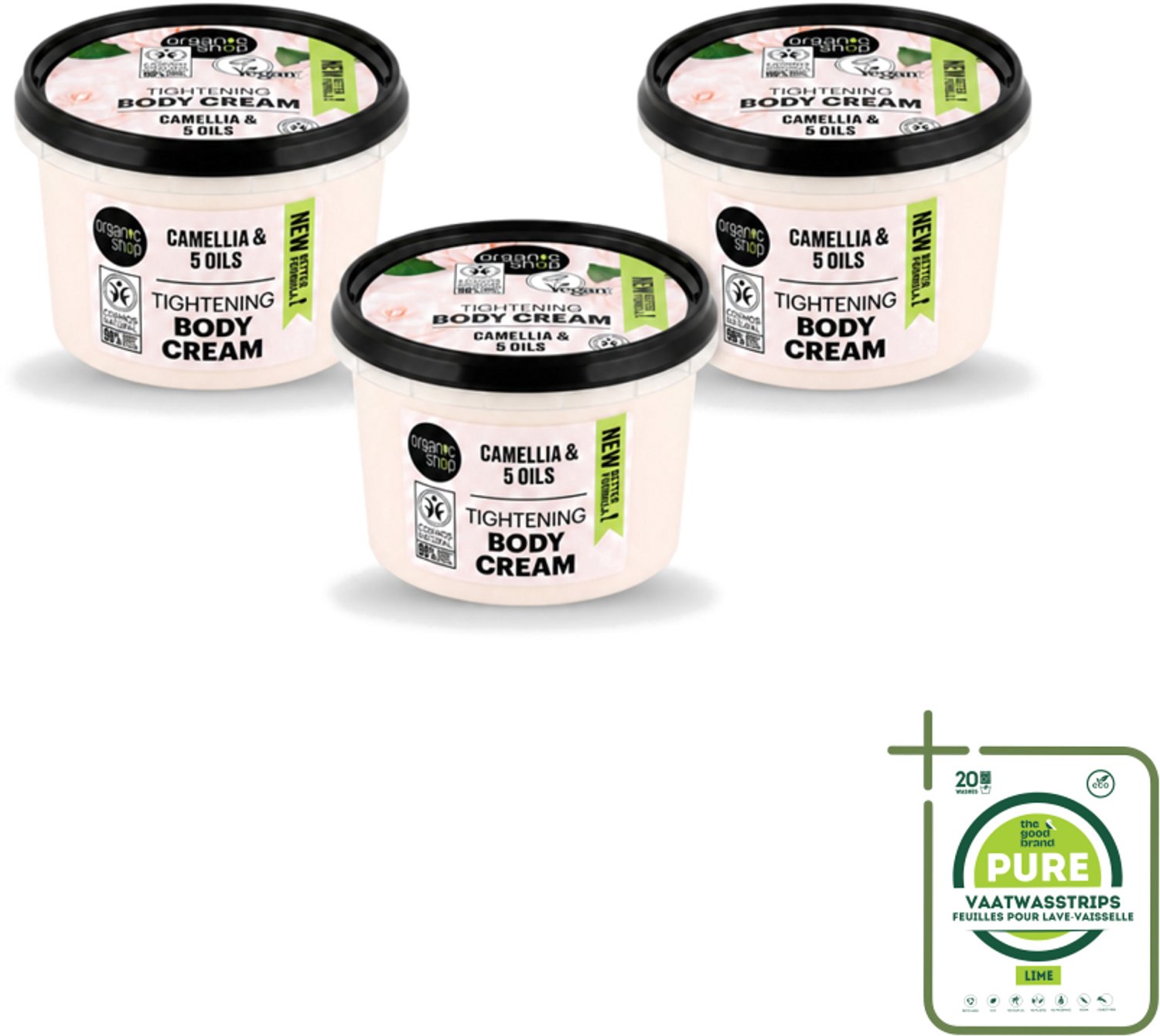 3 x Organic Shop - Organic Camellia & 5 Oils Body Cream - Verzachtend en Hydraterend - 250 ml - Grootverpakking - Vaatwasstrips - Organische Bodycrème - Japanse Kamelia - Hydraterende Crème - Verzachtende Crème - Natuurlijke Oliën