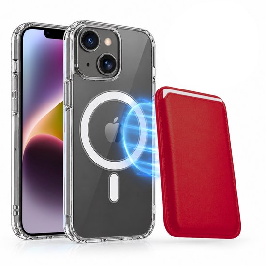 Transparant iPhone-hoesje met MagSafe-ring en een losse rode magnetische kaarthouder.