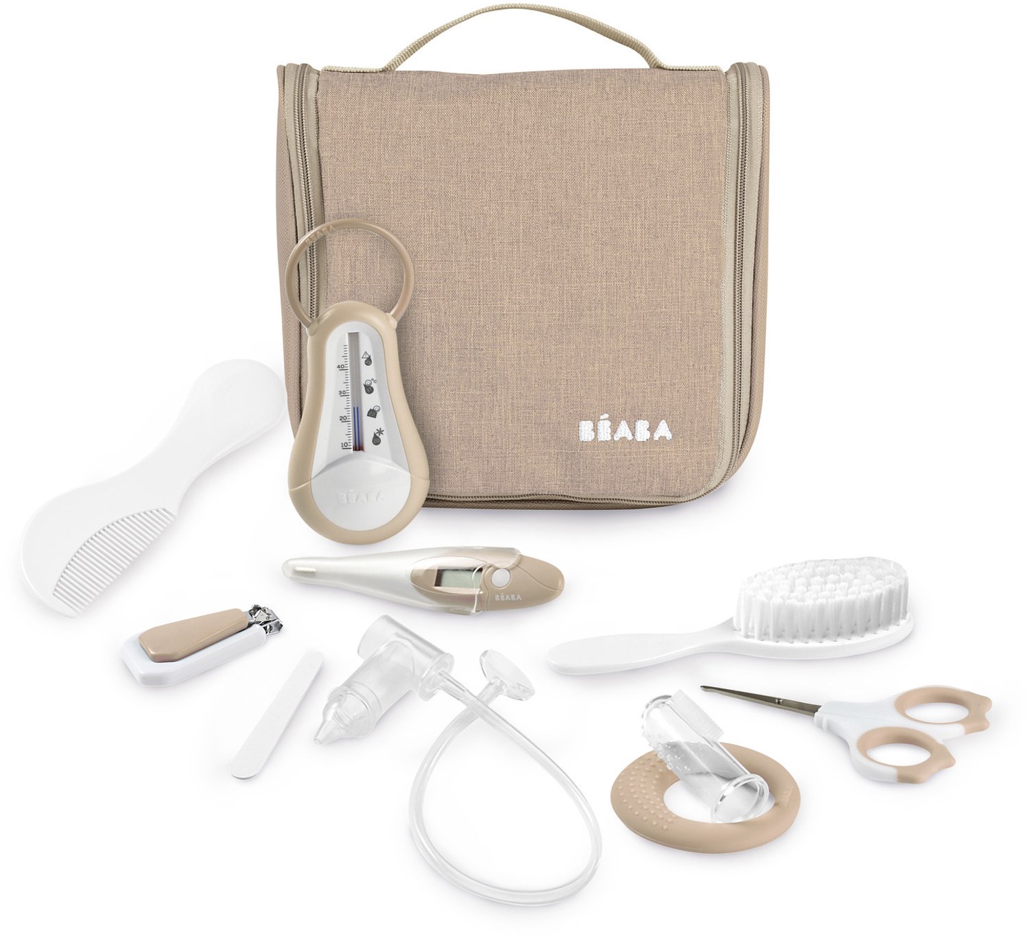 Béaba Verzorgingstas voor Baby – 10-delige Set – Luxe Toilettas Thermometers, Nagelverzorging, Neusaspirator & Bijtring – Ophangbaar & Reistas - Grijs/Wit
