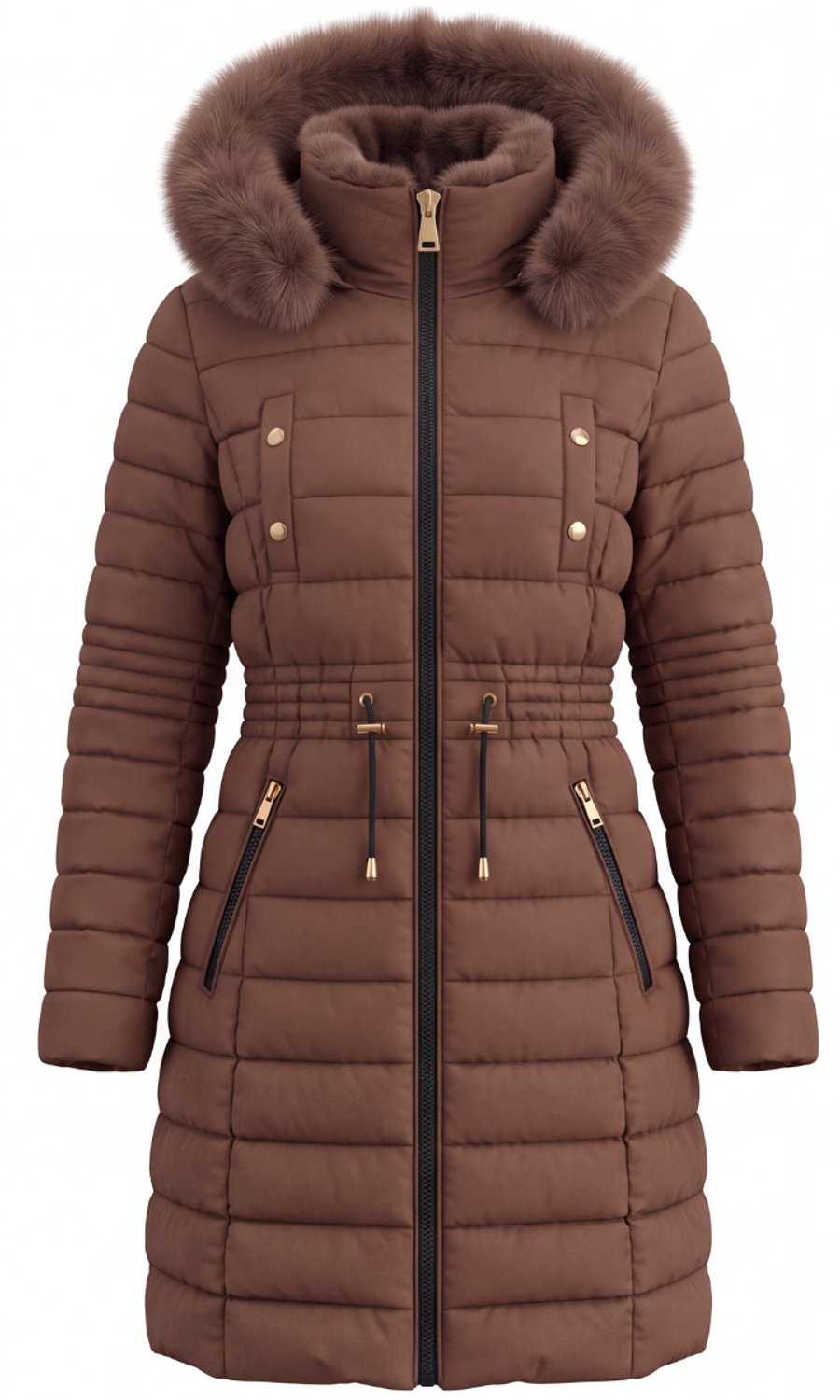 Wulux® Winterjas Dames - Gevoerde Binnenzijde - Parka Jas - Met Capuchon - Met Ritszakken - Choco Bruin - Maat 2XL