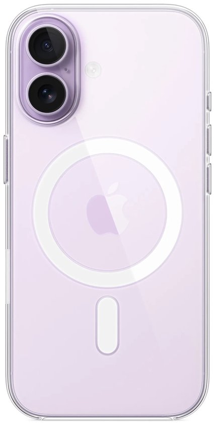 Transparant MagSafe-hoesje voor een lila iPhone, met duidelijke camera-uitsparing.