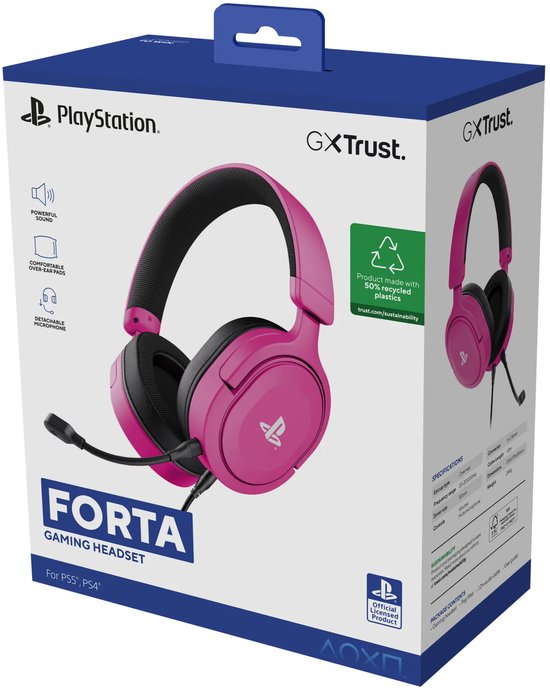 Roze Trust GXT 498 Forta gamingheadset in verpakking, met zichtbare productspecificaties aan de zijkant.