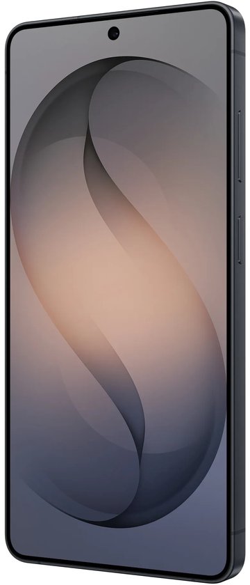 Grijze smartphone van schuin voren bekeken, tonend het S-vormige schermbehang.