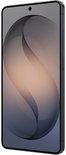 Grijze smartphone van schuin voren bekeken, tonend het S-vormige schermbehang.