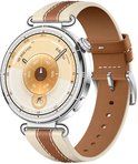 Zijaanzicht van een zilveren smartwatch met beige en bruine leren band, wijzerplaat met fietsicoon en 18.86 KM.