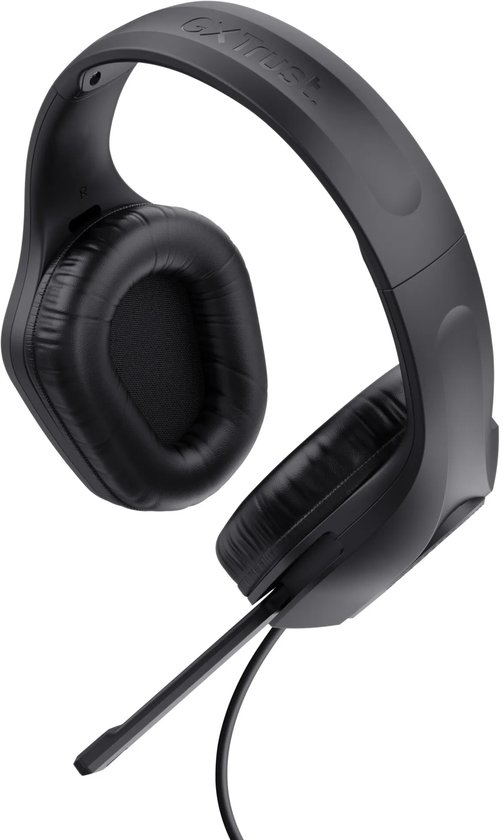 Zwarte Trust GXT 415 Zirox gamingheadset met verstelbare microfoon, schuin gezien met het merklogo op de beugel.