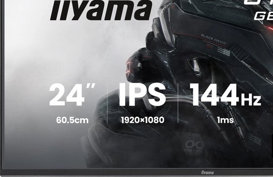 Iiyama Black Hawk monitor scherm met 24 inch IPS, 144Hz, 1ms responstijd en 1920x1080 resolutie.