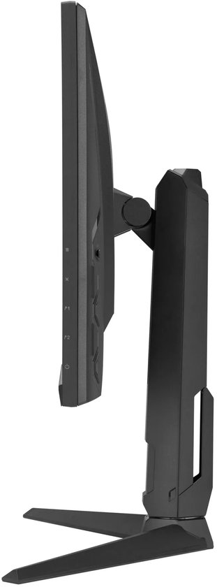 Zijaanzicht van de ASUS TUF Gaming-monitor op een verstelbare zwarte standaard.