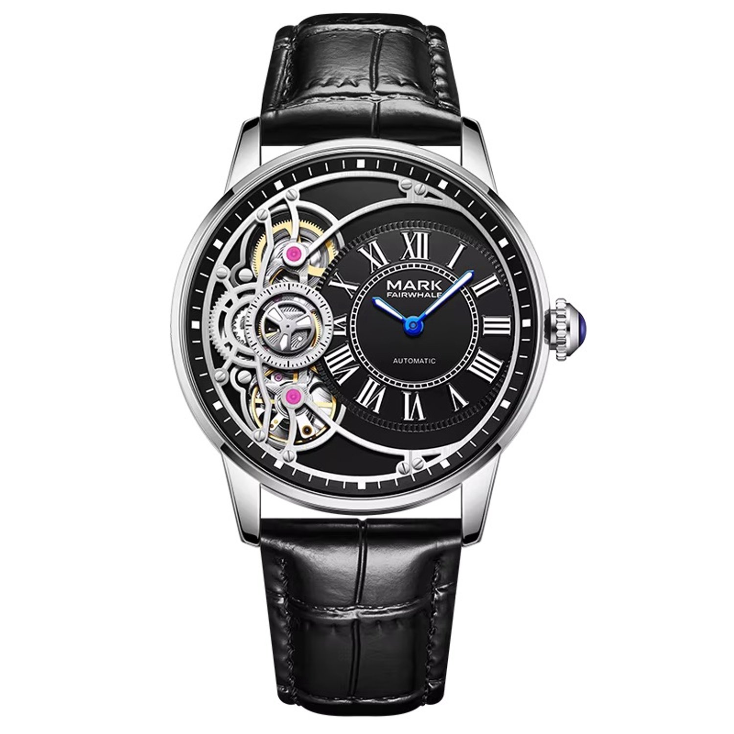 Soraro Herenhorloge Automatisch – Skeleton Design – Romeinse Cijfers – Zwarte Leren Band – Zwart - Elegant