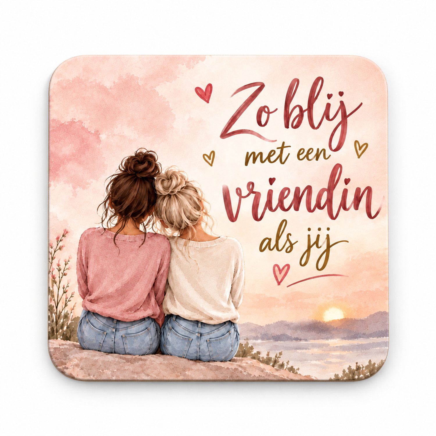 Zo Blij met een Vriendin als Jij MDF onderzetter 10x10 cm– Vriendschapscadeau met illustratie