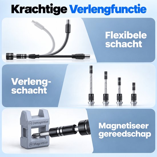 Demonstratie van flexibele schacht, verlengstukken en magnetiseergereedschap voor schroevendraaiers.