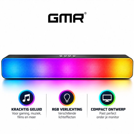 Zwarte soundbar met RGB-verlichting die krachtig geluid biedt en compact onder een monitor past.