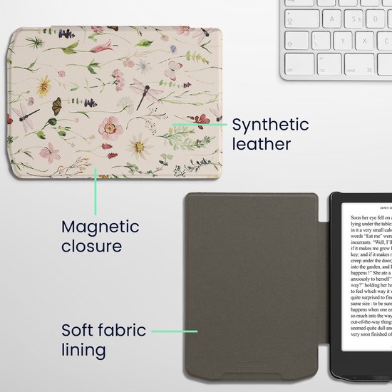 kwmobile e-reader hoesje geschikt voor Pocketbook Verse/Verse Lite/Pro/Color/Vivlio Light HD hoes - E reader flip case met magnetische sluiting - Ereader cover - Daisy-varens design in wit / geel / groen — afbeelding 4