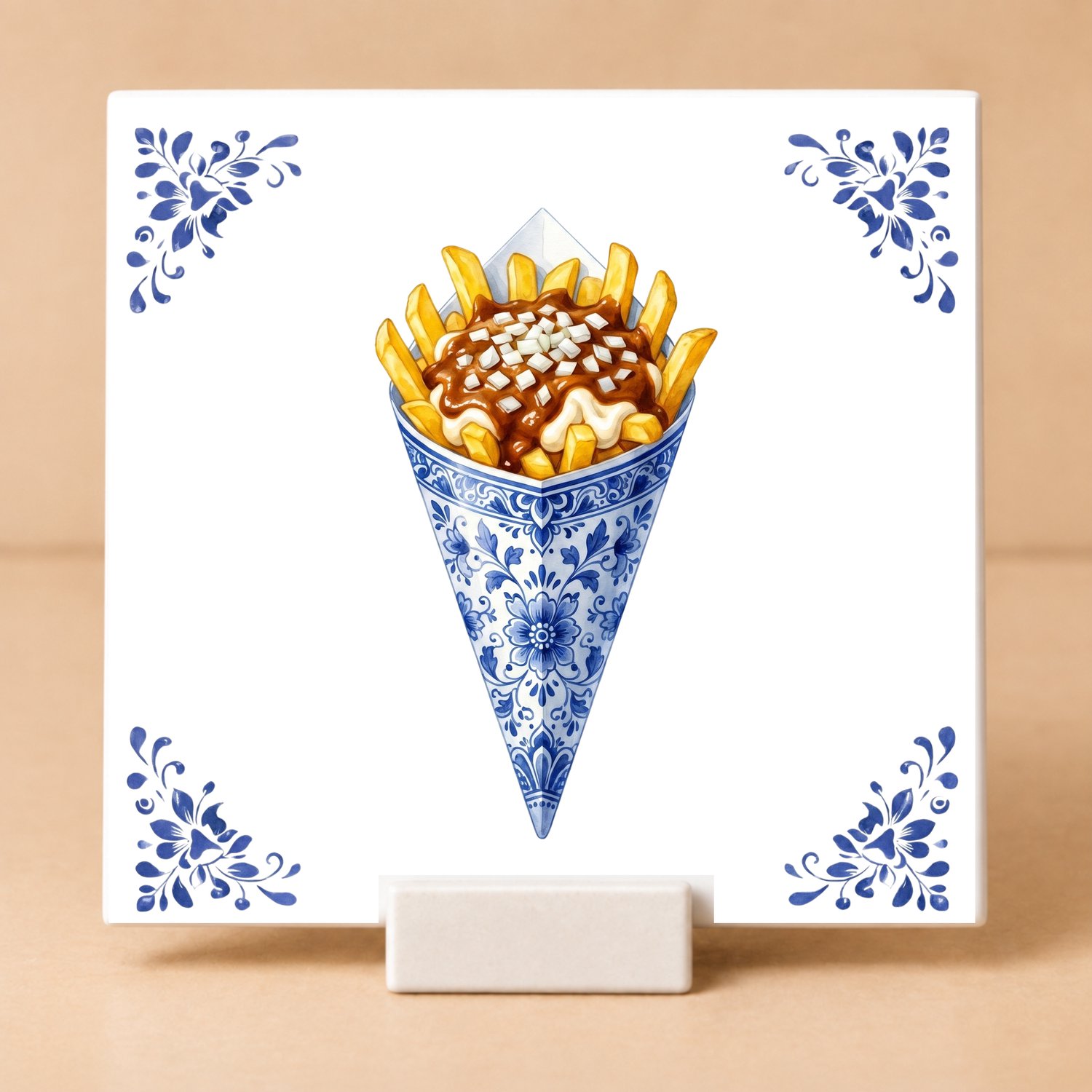 Bedruk King Delftsblauw Tegeltje 11x11 Patat Speciaal met Houdertje – Cadeau voor Frietliefhebber of Snackfan Wit