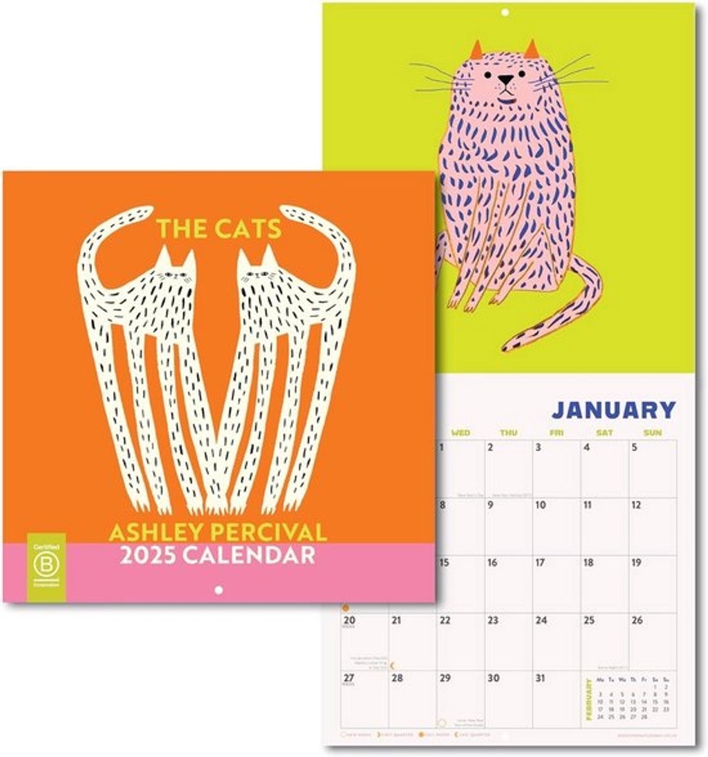 Wandkalender 2025 - Kattenillustraties - Groot formaat - Maandoverzicht