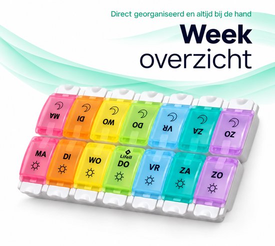 Lifell weekoverzicht pillendoos, platliggend in twee rijen met dag- en avondvakjes.