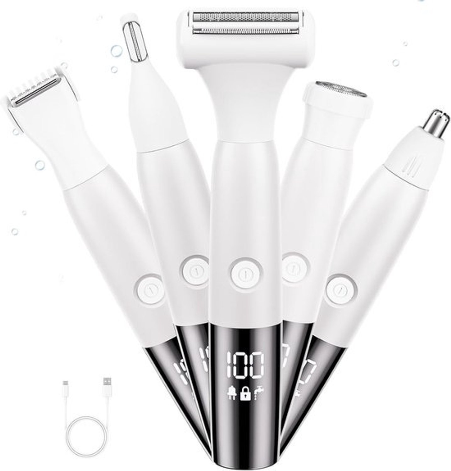 Elektrisch ontharingsapparaat - Gezichtstrimmer - Haren verwijderen - 5-in-1 functionaliteit - IPX7 waterdicht - Wit