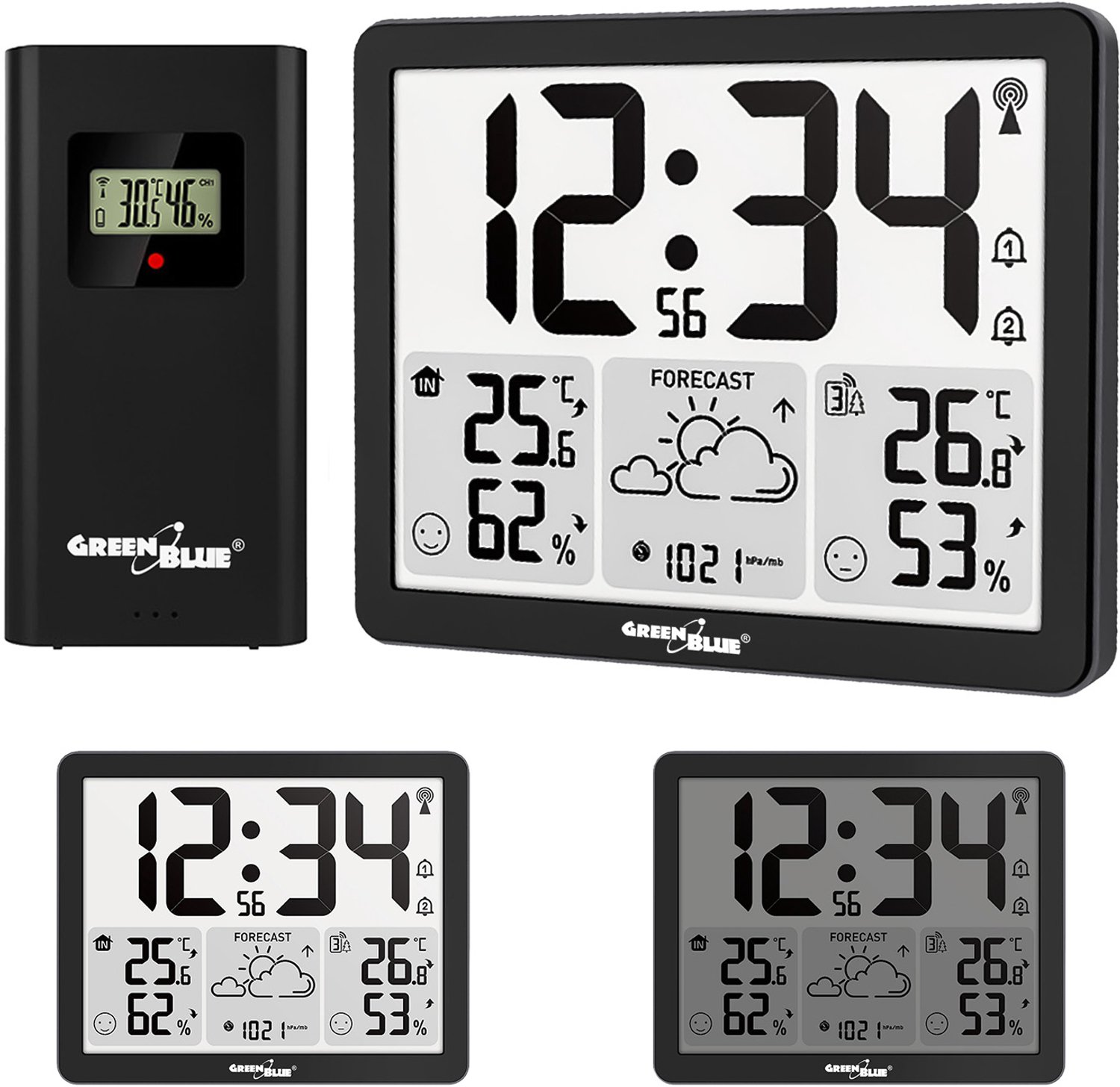 GreenBlue - Draadloos weerstation - temperatuur + luchtvochtigheid IN/OUT, klok/wekker/datum, °C / °F, bereik tot 60 m, GB443 B