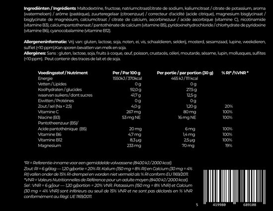 Voedingswaardetabel en ingrediëntenlijst voor STRYDE isotone sportdrank met watermeloensmaak op een zwarte achtergrond.