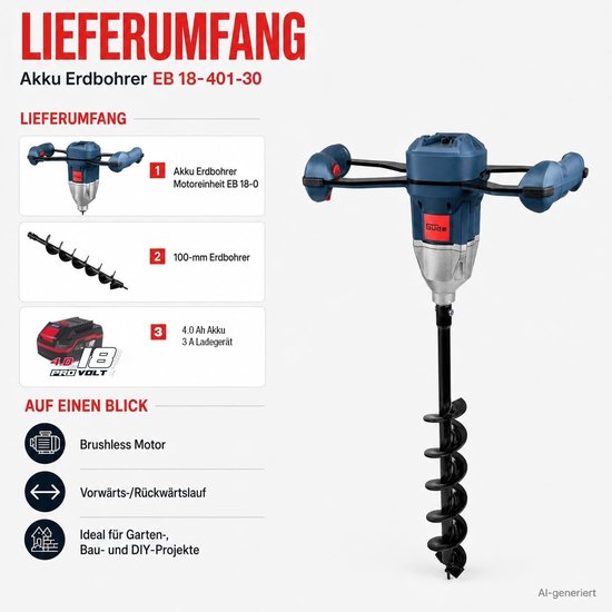 Güde Accu Grondboor EB 18-401-30 - Inclusief accu 4.0 Ah en Lader - Incl. boor 100 mm - — afbeelding 3