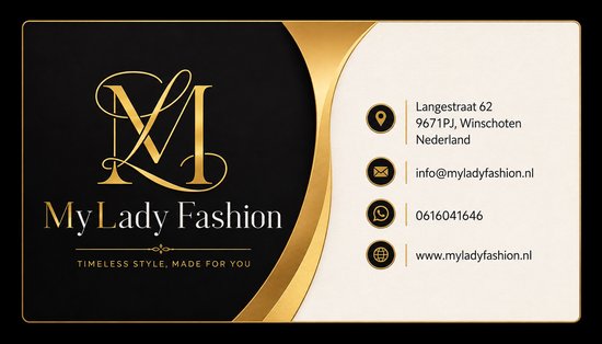 Visitekaartje met gouden 'M' logo en 'My Lady Fashion' tekst, adres en contactgegevens.