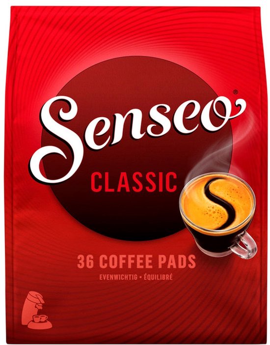 Rode verpakking Senseo Classic koffiepads met 36 stuks en een kopje koffie met een S-vormig schuimlaagje.