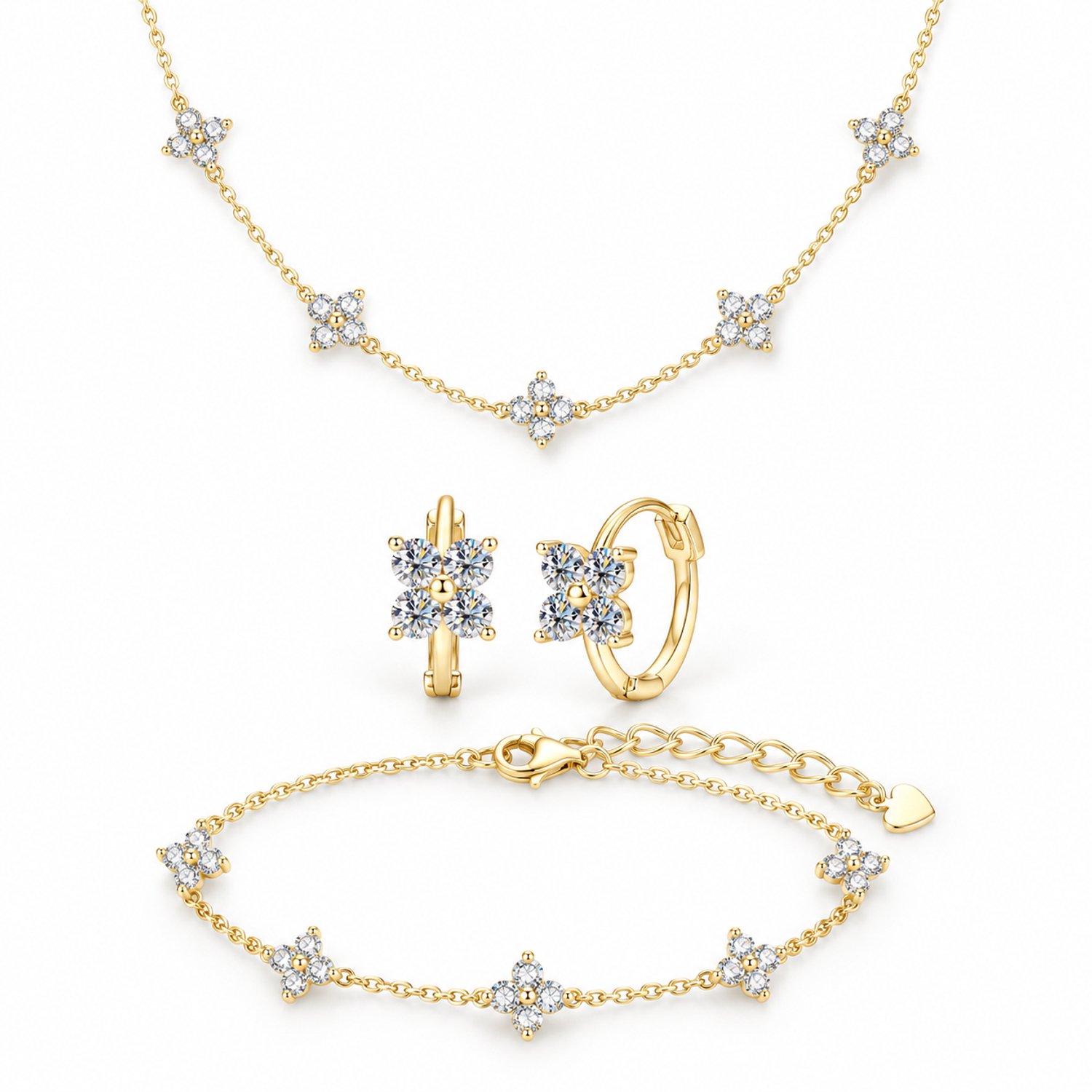 Selevie Sieradenset Goud met Klavertjes van Moissanite – Ketting, Armband & Oorbellen – D VVS1 – Luxe 3-delige set
